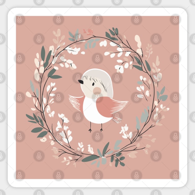 Boho Kawaii Robin – Adorable Bird in a Floral Wreath Sticker by TuncGK